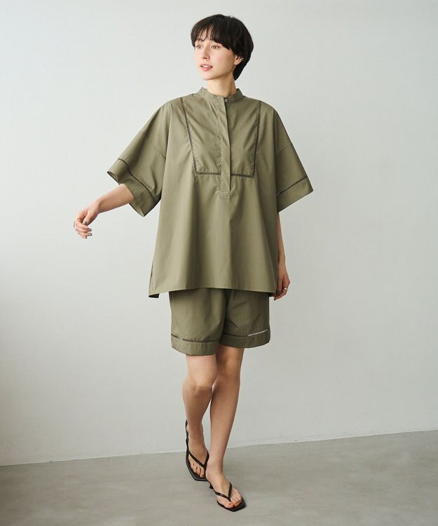 #Newans 【洗える/セットアップ可能】ハシゴレースハーフパンツ カーキ