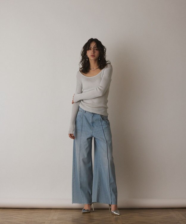 GRACE CONTINENTAL ラメリブクルーネックトップ ホワイト