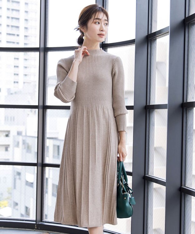 Tiaclasse 【洗える】1着でオシャレ感が出せるニットプリーツワンピース グレージュ