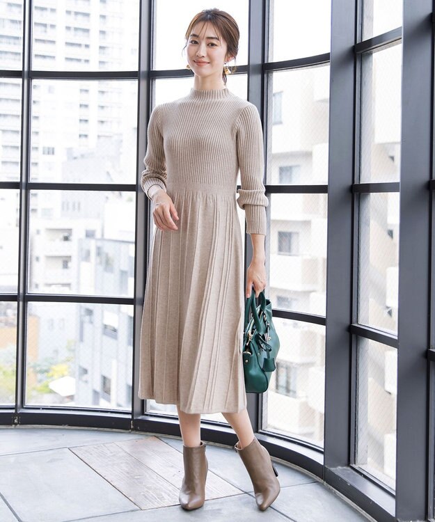 Tiaclasse 【洗える】1着でオシャレ感が出せるニットプリーツワンピース グレージュ