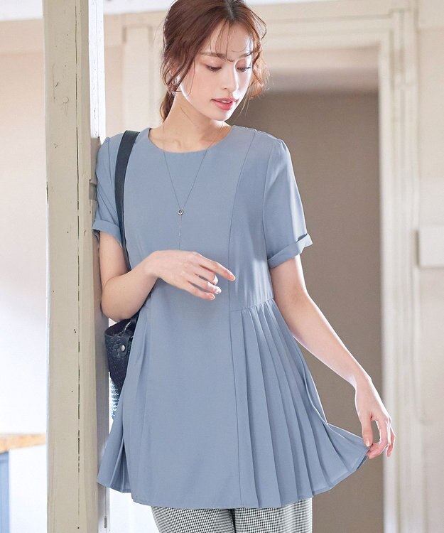 Tiaclasse 【新色追加・洗える】サイドプリーツチュニックブラウス サックス