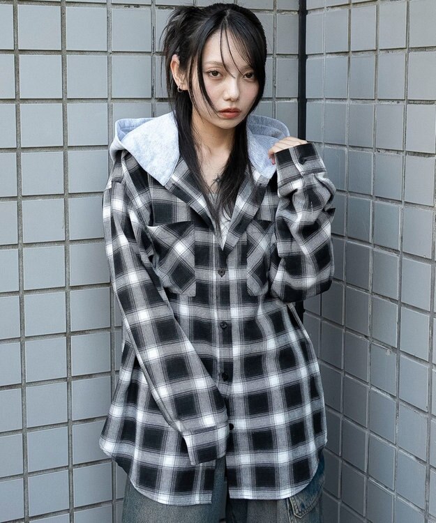 WEGO 裏毛フードチェックシャツ ブラックチェック1