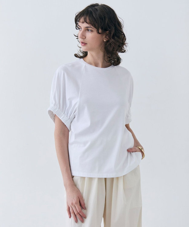 BEIGE， 【洗える】STOCK / オーガニックコットン半袖ギャザートップス White
