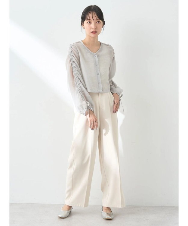 earth music&ecology キラキラシアーギャザーシャツ Light Gray