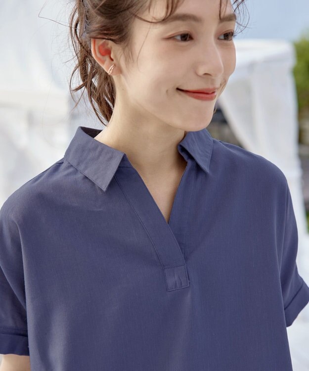 Tiaclasse 【洗える】 リネンミックススキッパーシャツ ブルー