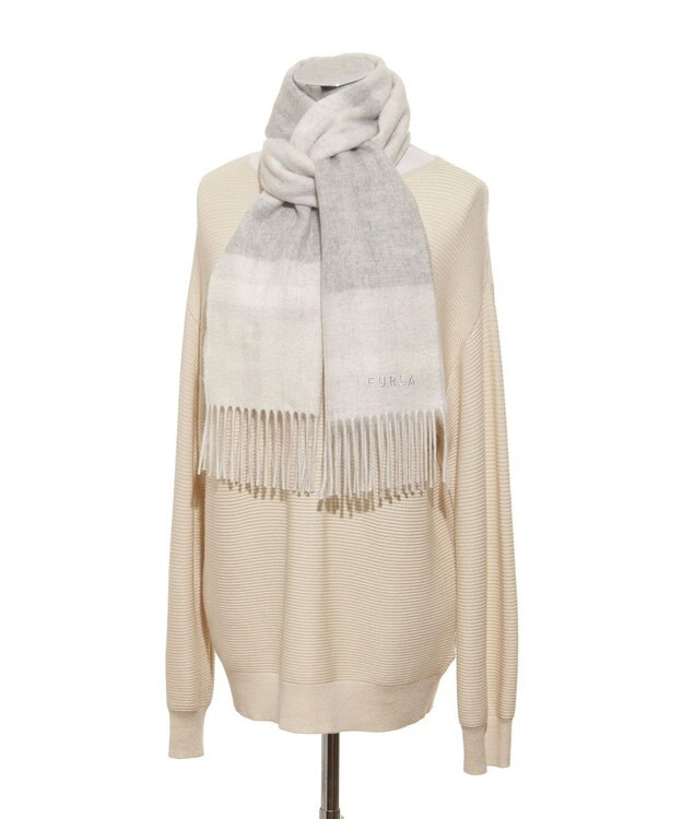 MOONBAT FURLA ウール混ラメ入りブロックチェックストールマフラー／幅30cm グレー