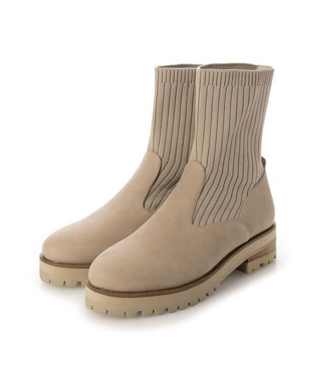 ing <ing>【サスティナブルシリーズ】ラウンドトウリブニットブーツ ベージュヌバック