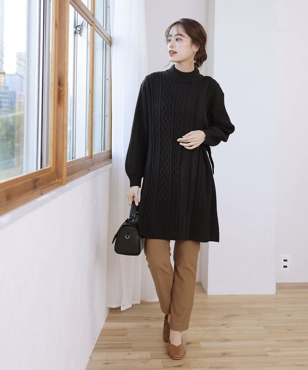 Tiaclasse アラン柄ニットチュニックワンピース ブラック