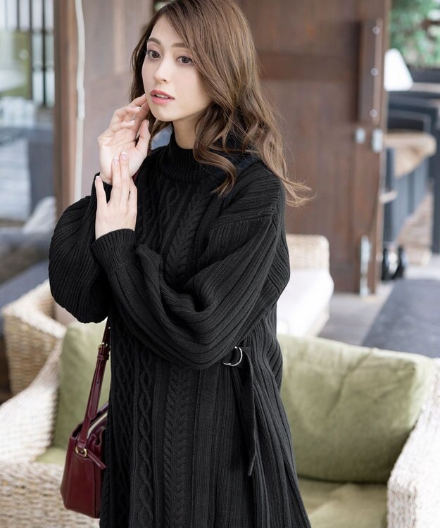 Tiaclasse アラン柄ニットチュニックワンピース ブラック