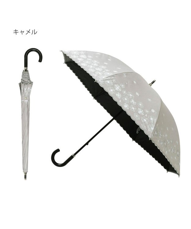 MOONBAT 【遮光率100％/遮熱/UV】LANVIN en Bleu (ランバン オン ブルー)晴雨兼用日傘 フラワーグリッター シルバースカラ刺繍 花柄 長傘 キャメル