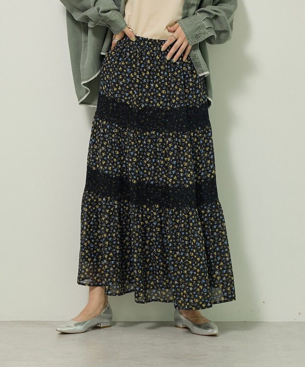 Green Parks レースドッキング花柄ティアードスカート Yellow