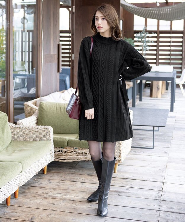 Tiaclasse アラン柄ニットチュニックワンピース ブラック