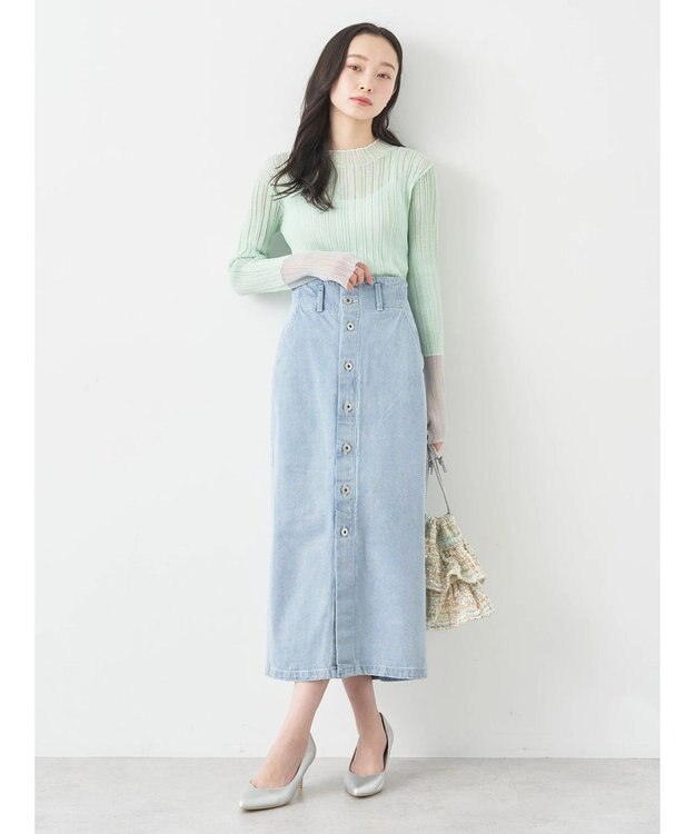 earth music&ecology ボタンナローデニムスカート Light Indigo