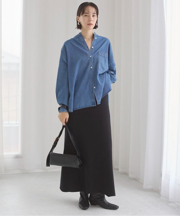 WEGO 【ANGIE VINTAGE】オーバーサイズ バンドカラー デニムシャツ ブルー