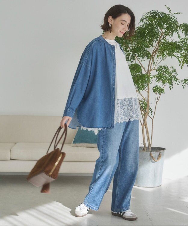 WEGO 【ANGIE VINTAGE】オーバーサイズ バンドカラー デニムシャツ ブルー