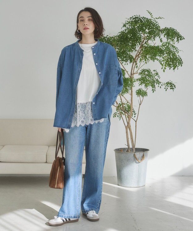 WEGO 【ANGIE VINTAGE】オーバーサイズ バンドカラー デニムシャツ ブルー