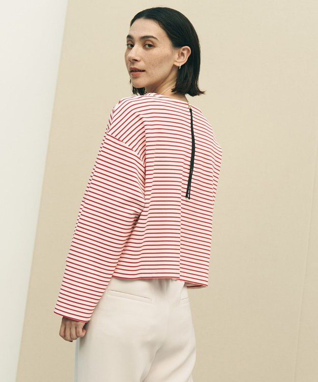 UNFILO ドライタッチリブ バックZIP ボーダートップス オフ×レッド