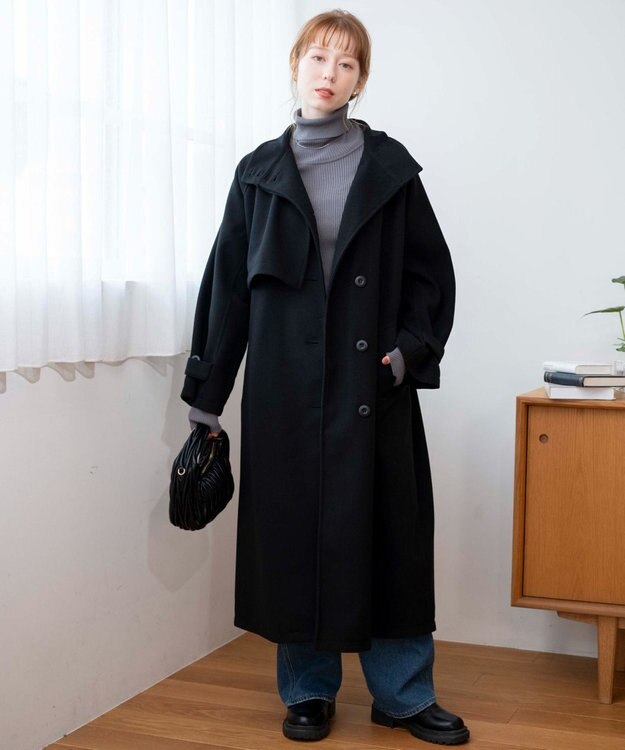 WEGO スタンドカラーロングコート ブラック