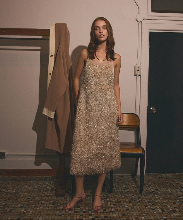 GRACE CONTINENTAL フェザーコンビキャミドレス ベージュ