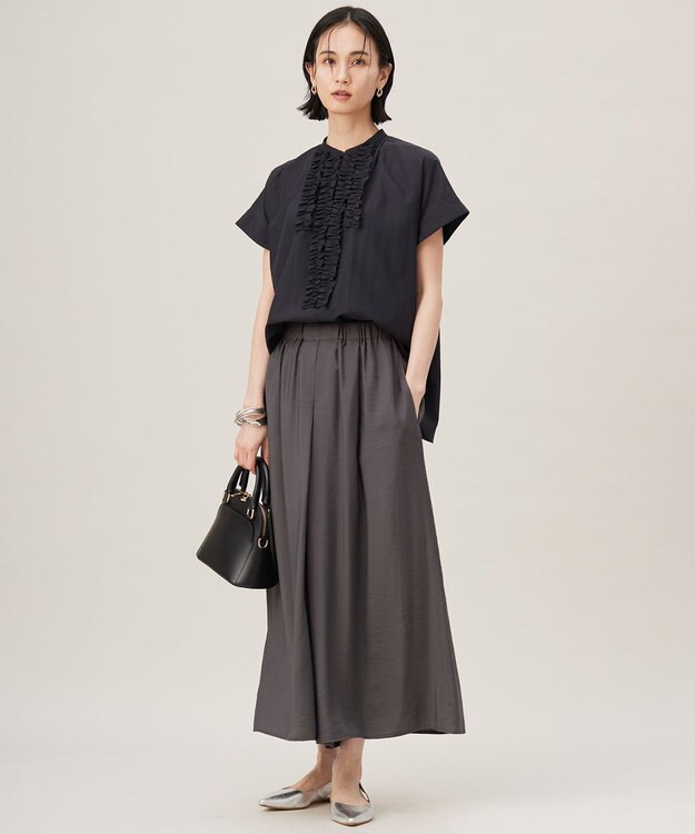 自由区 【洗える】ソフトリネンフリルディティール ブラウス ネイビー