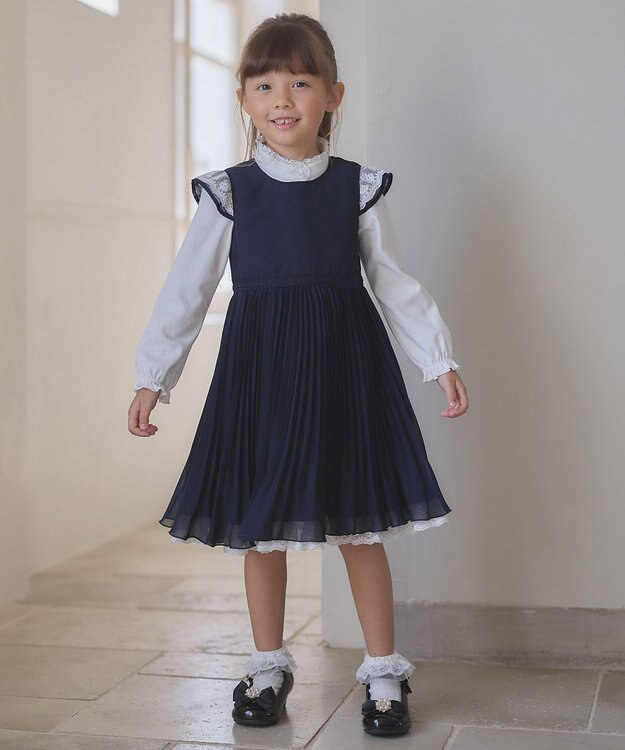 ANY KIDS シフォン プリーツ ワンピース ネイビー