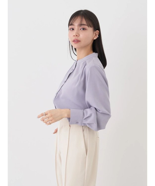 earth music&ecology バンドカラーブラウス Grayish Blue