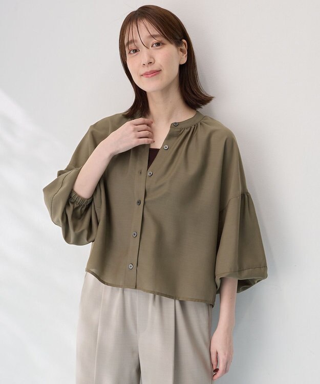 ANY シアーテックリネンギャザーブラウス カーキ