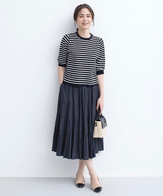 組曲 【UVケア・接触冷感】MINA 6分袖ニットプルオーバー オフ×ブラック系1