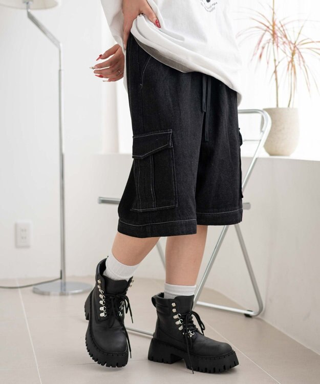 WEGO 【ウエストゴム/2WAY】2WAYデニムカーゴパンツ デニムブラックソノタ