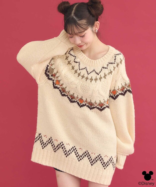 earth music&ecology Disney/ミッキー刺繍ノルディックニットチュニック アイボリー