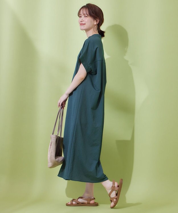 ANY 【洗濯機可能/ストレッチ】ナチュラルワッシャーワンピース ブルーグリーン
