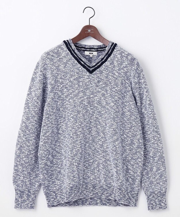 JOSEPH ABBOUD 【キングサイズ・洗える・イタリア糸使用】コットンスラブ Vネック ニット ネイビー系