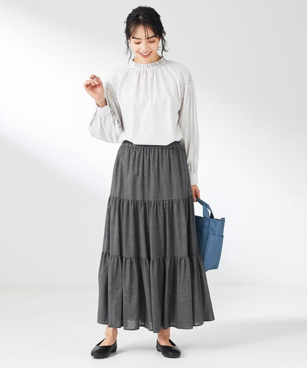 ANY 【ウエストゴム】シャンブレーライクティアード スカート グレー系