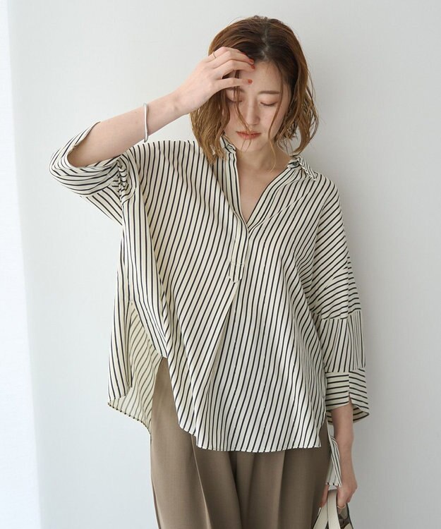 YECCA VECCA バルーン袖スキッパーシャツ Stripe