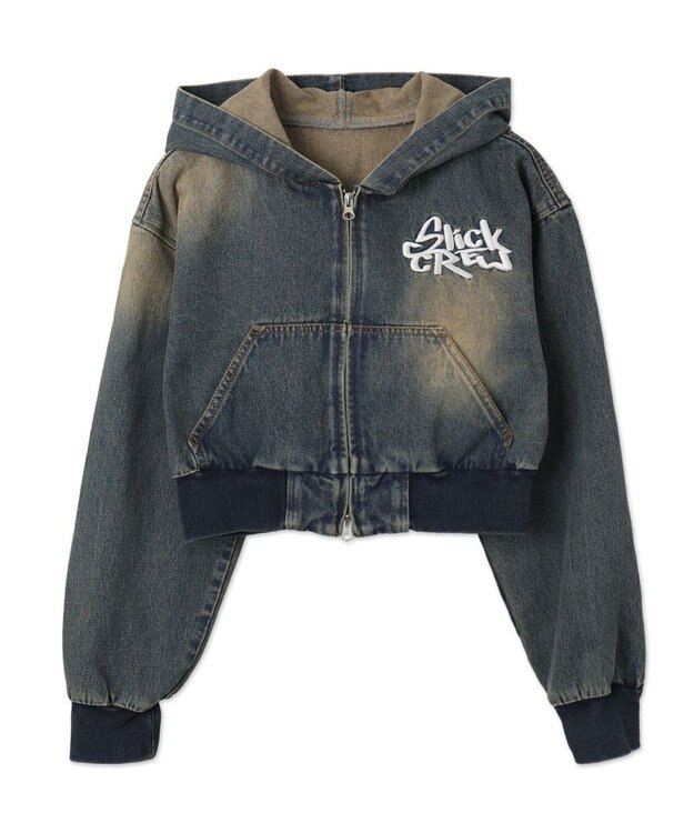 WEGO ヴィンテージウォッシュショートフードブルゾン デニム中濃加工色