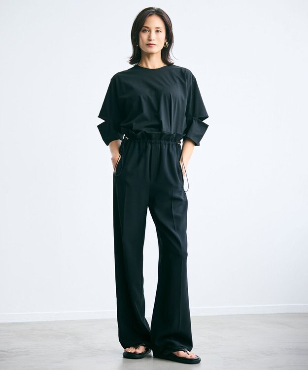 BEIGE， 【洗える】DUOMO / コットンスリットスリーブトップス Black