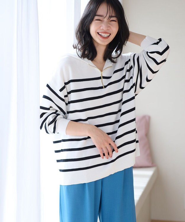 ANY 【洗濯機可】ハーフジップアップ ニットフーディ オフ×ブラック