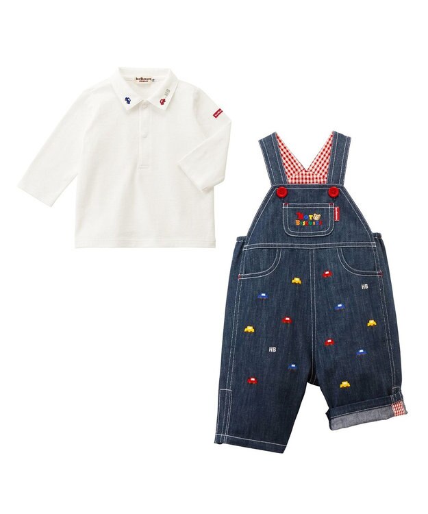 MIKI HOUSE HOT BISCUITS 【70-90cm】 くるま刺繍 オーバーオール＆ポロシャツギフトセット【BOX付き】 インディゴブルー