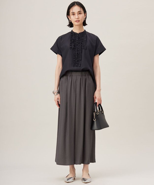 自由区 【洗える】ソフトリネンフリルディティール ブラウス ネイビー