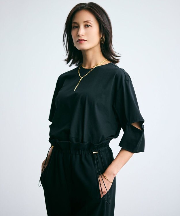 BEIGE， 【洗える】DUOMO / コットンスリットスリーブトップス Black