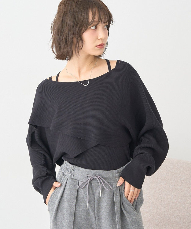 earth music&ecology 【2WAY】【洗濯機洗い可】SET2点クロスニット＋キャミソール Black