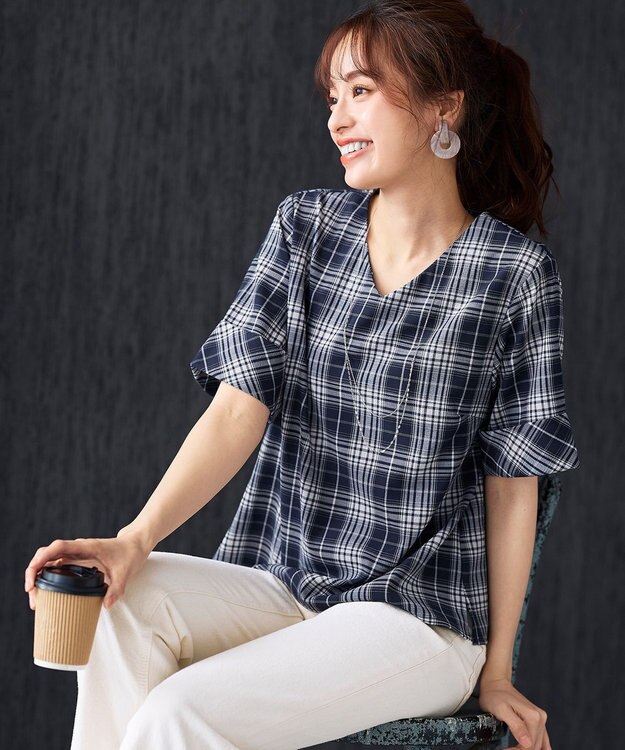 Tiaclasse L 【洗える】ゆったりシルエットの幅広カフスブラウス ネイビーチェック