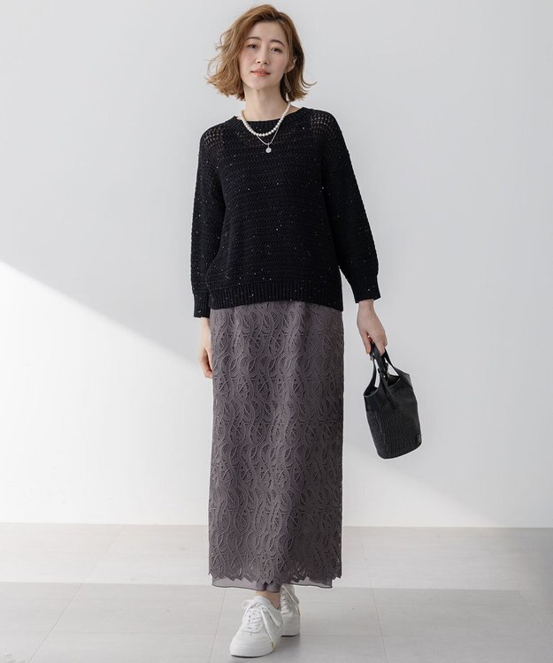 23区 【洗える】ジオメトリックレース Iライン スカート ブラウン系