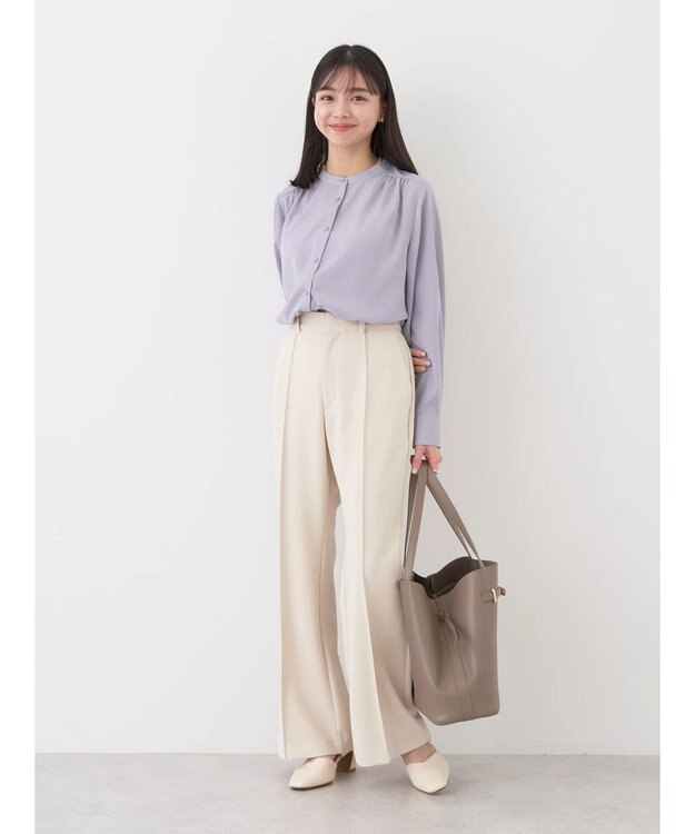 earth music&ecology バンドカラーブラウス Grayish Blue