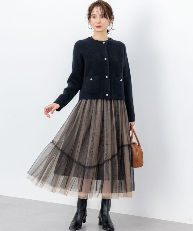 組曲 L 【加藤ローサさん着用】フラッフィーファーニット ジャケット ブラック系