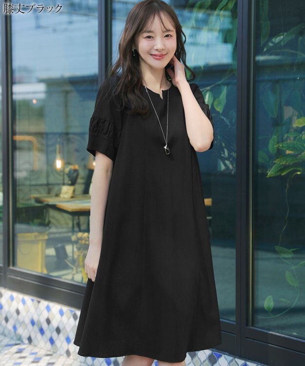 Tiaclasse 【選べる着丈・新色追加】ギャザーランタンスリーブワンピース 膝丈ブラック