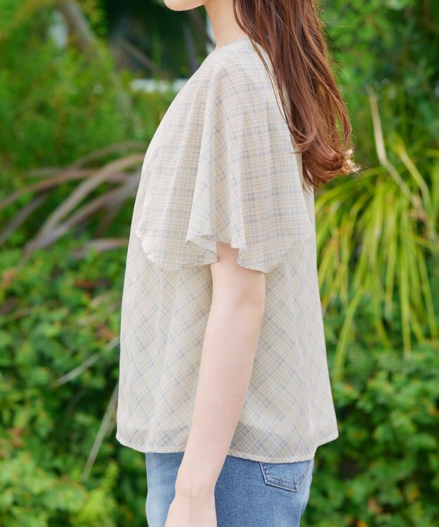 Tiaclasse 【洗える】チェック柄ハンカチスリーブブラウス ベージュ