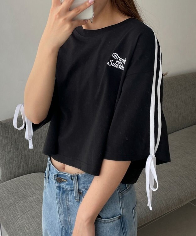 WEGO 2ラインリボングラフィックショートT ブラック