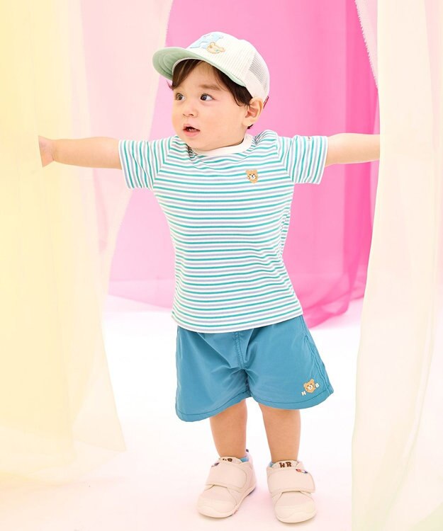 MIKI HOUSE HOT BISCUITS 【44-54cm】 ストライプ ロゴメッシュキャップ ベージュ