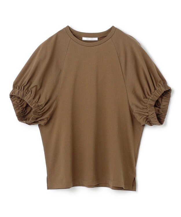 BEIGE， 【洗える】STOCK / オーガニックコットン半袖ギャザートップス Khaki